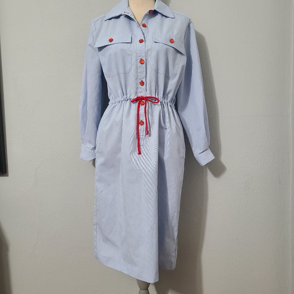 Orvis Light Blue Dress with Red‎ Details Vintage Size Large